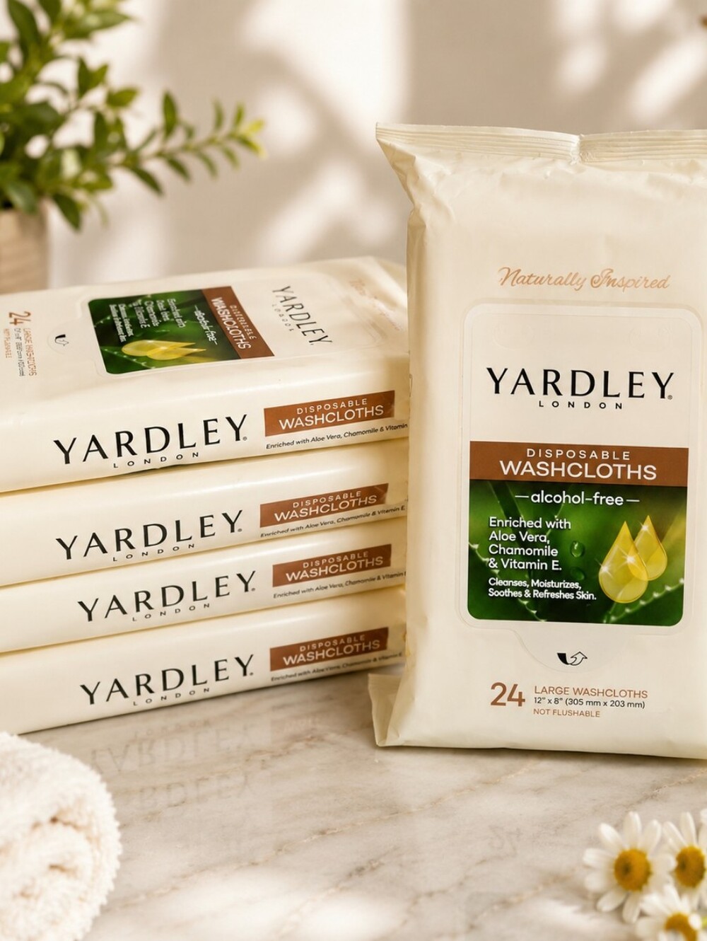 NIP YARDLEY LONDON DISPOSIBLE WASHCLOTHS-CHAMOMILE & VITAMIN E 5-PACK